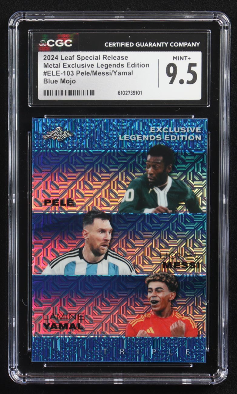 Pele / Lionel Messi / Lamine Yamal 2024 Leaf Special Release Metal Exclusive Legends Edition Blue Mojo Triple #ELE-103 #14/20 (CGC 9.5) at PristineAuction.com Pele / Lionel Messi / Lamine Yamal 2024 Leaf Special Release Metal Exclusive Legends Edition Blue Mojo Triple #ELE-103 #14/20 (CGC 9.5) at PristineAuction.com