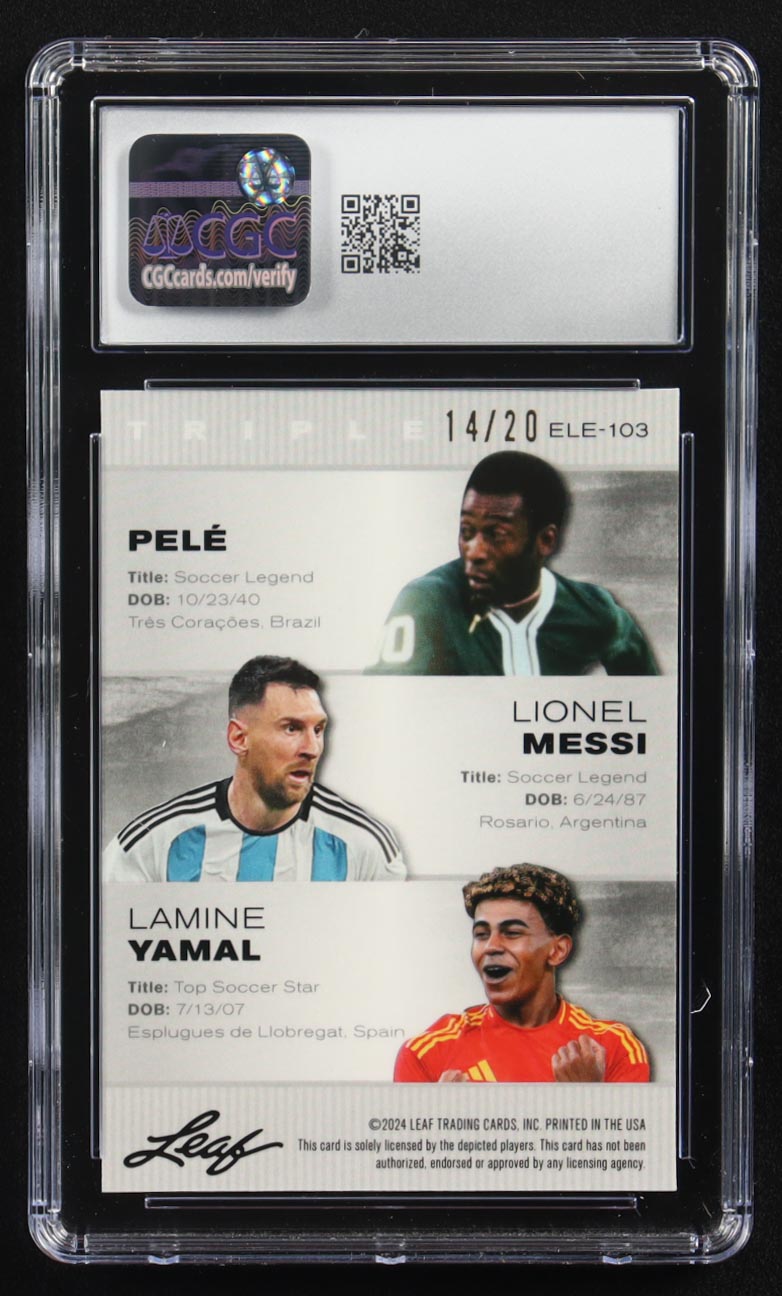 Pele / Lionel Messi / Lamine Yamal 2024 Leaf Special Release Metal Exclusive Legends Edition Blue Mojo Triple #ELE-103 #14/20 (CGC 9.5) at PristineAuction.com Pele / Lionel Messi / Lamine Yamal 2024 Leaf Special Release Metal Exclusive Legends Edition Blue Mojo Triple #ELE-103 #14/20 (CGC 9.5) at PristineAuction.com