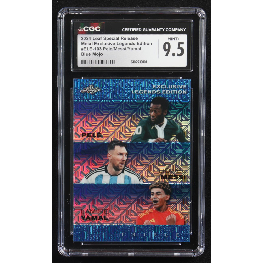 Pele / Lionel Messi / Lamine Yamal 2024 Leaf Special Release Metal Exclusive Legends Edition Blue Mojo Triple #ELE-103 #14/20  (CGC 9.5) at PristineAuction.com