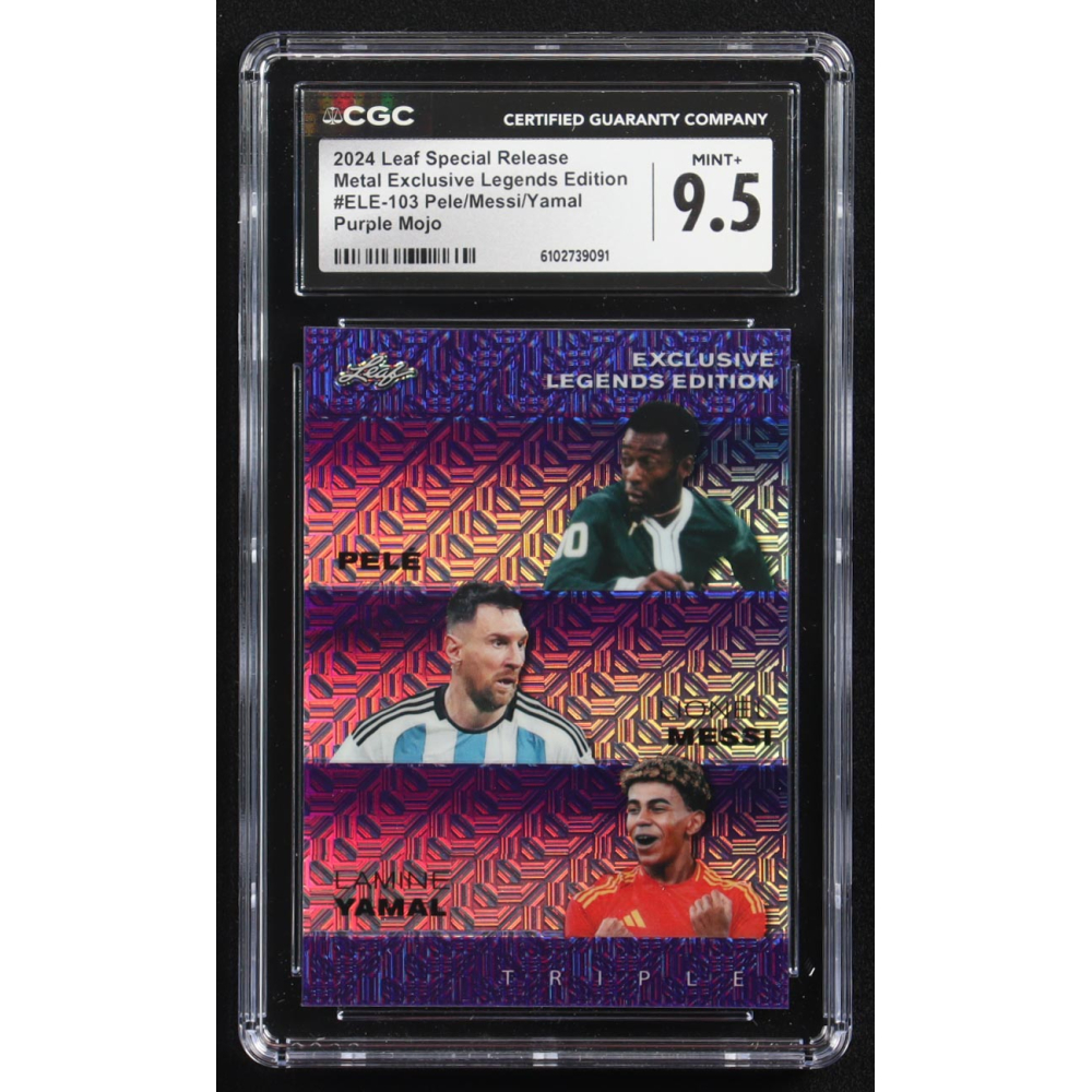 Pele / Lionel Messi / Lamine Yamal 2024 Leaf Special Release Metal Exclusive Legends Edition Purple Mojo Triple #ELE-103 #6/15  (CGC 9.5) at PristineAuction.com