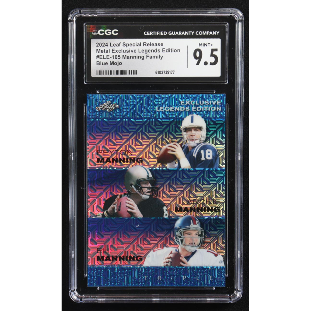 Archie Manning / Peyton Manning / Eli Manning 2024 Leaf Metal Special Release Exclusive Legends Ed. Manning Family Blue Mojo Triple #ELE-105 #09/20 (CGC 9.5) at PristineAuction.com