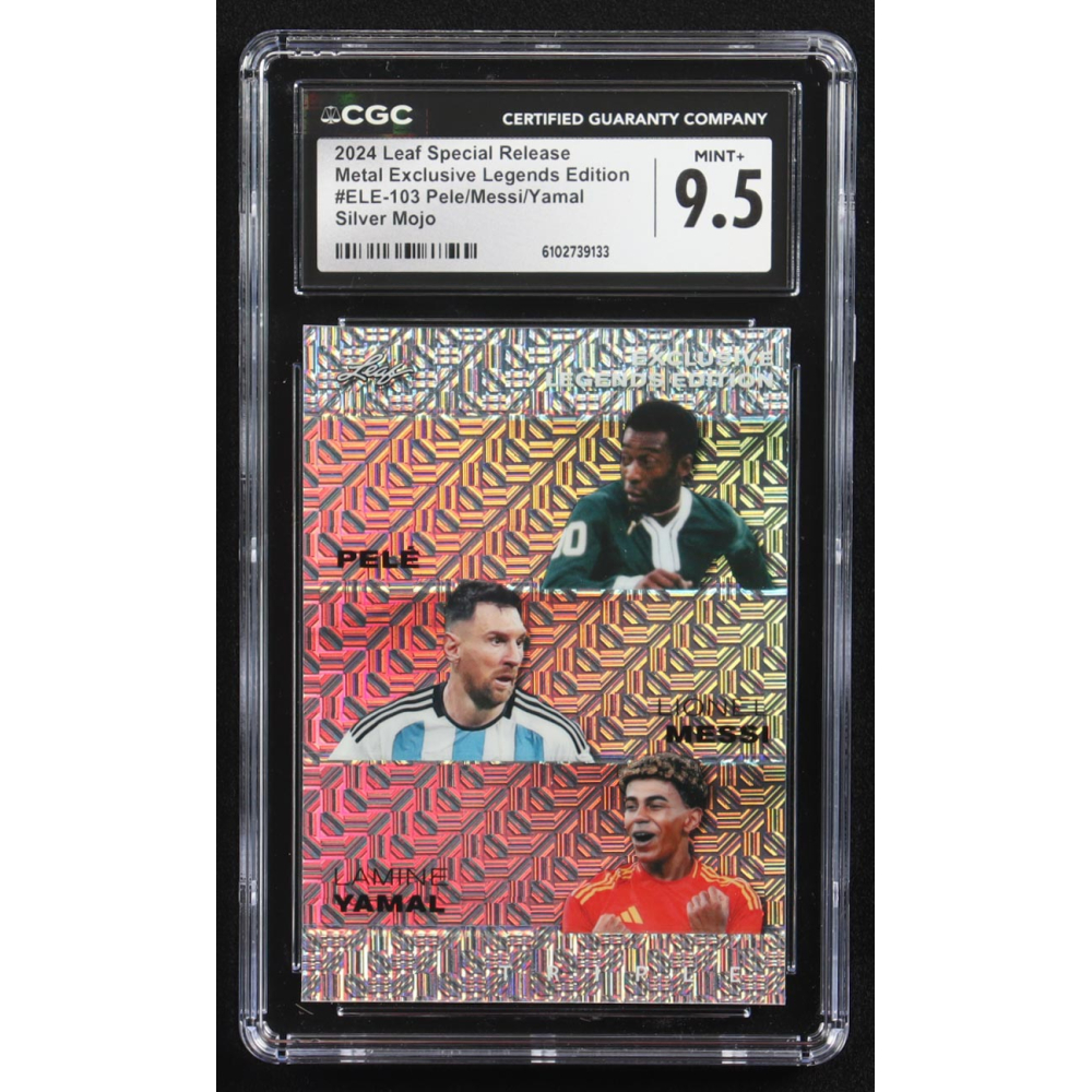 Pele / Lionel Messi / Lamine Yamal 2024 Leaf Special Release Metal Exclusive Legends Edition Silver Mojo Triple #ELE-103 #3/25 (CGC 9.5) at PristineAuction.com