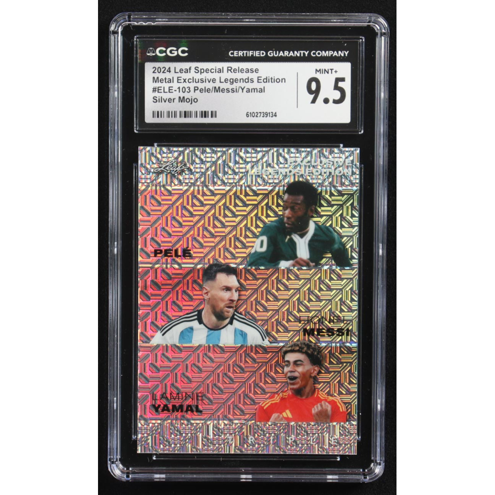 Pele / Lionel Messi / Lamine Yamal 2024 Leaf Special Release Metal Exclusive Legends Edition Silver Mojo Triple #ELE-103 #2/25 (CGC 9.5) at PristineAuction.com
