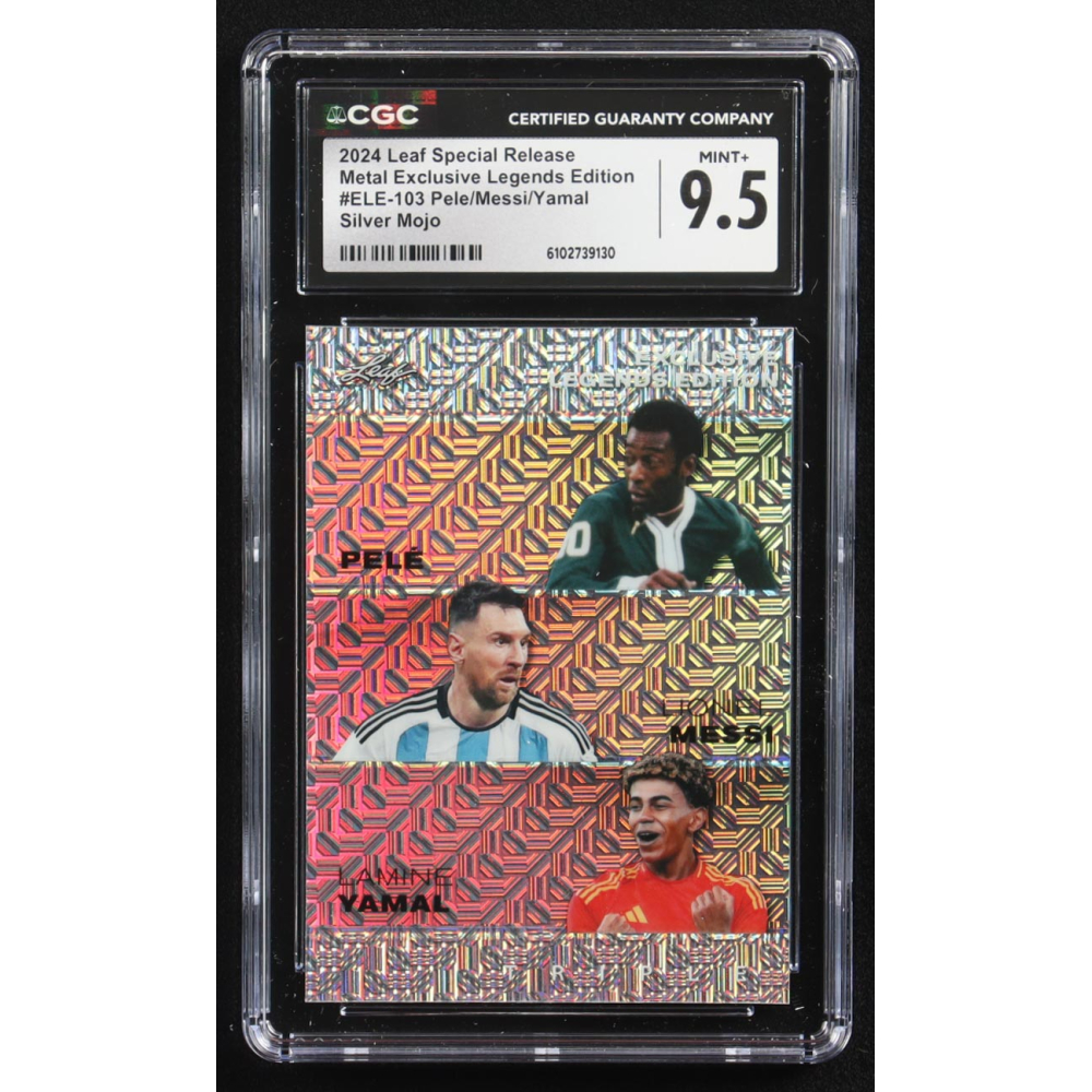 Pele / Lionel Messi / Lamine Yamal 2024 Leaf Special Release Metal Exclusive Legends Edition Silver Mojo Triple #ELE-103 #6/25 (CGC 9.5) at PristineAuction.com