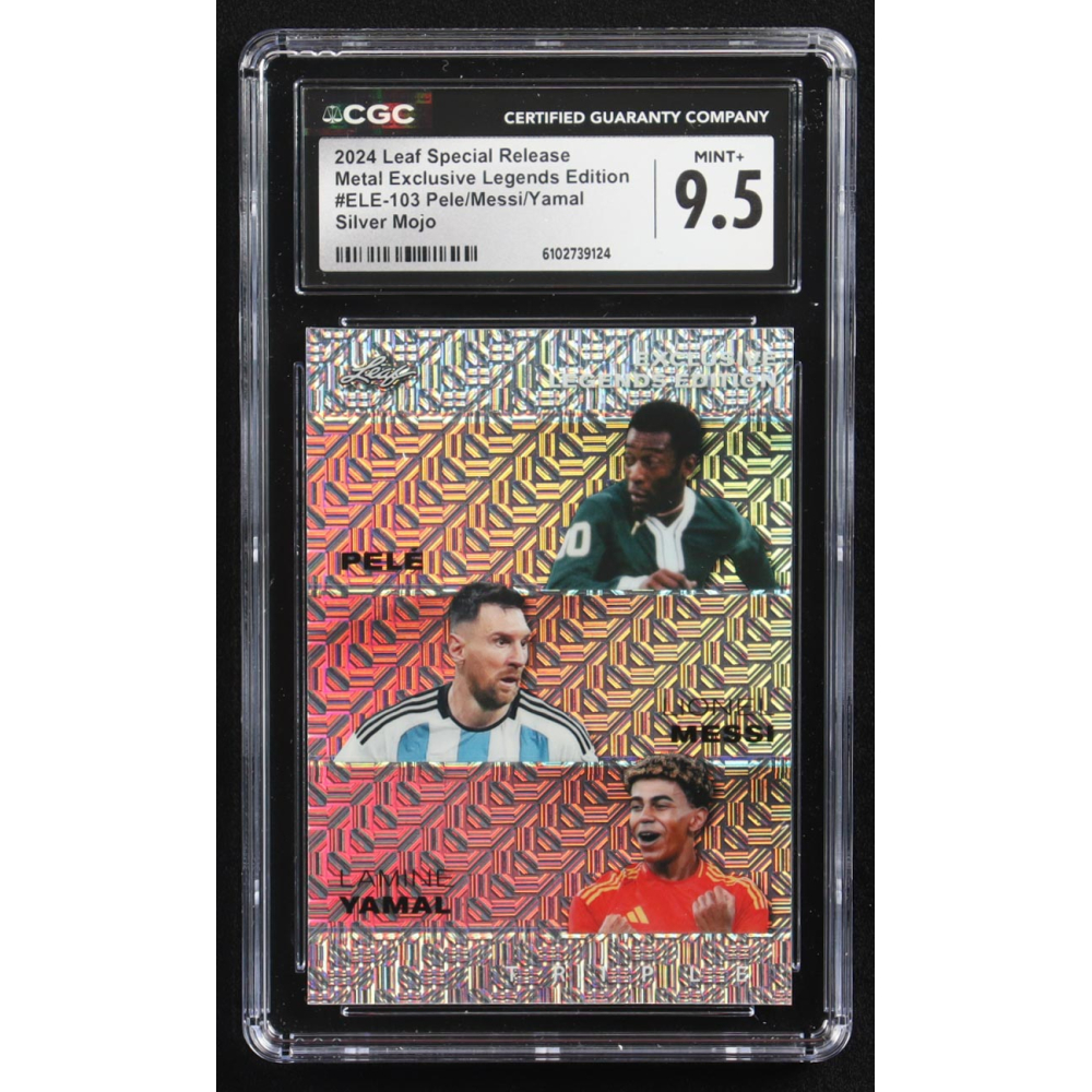 Pele / Lionel Messi / Lamine Yamal 2024 Leaf Special Release Metal Exclusive Legends Edition Silver Mojo Triple #ELE-103 #12/25 (CGC 9.5) at PristineAuction.com