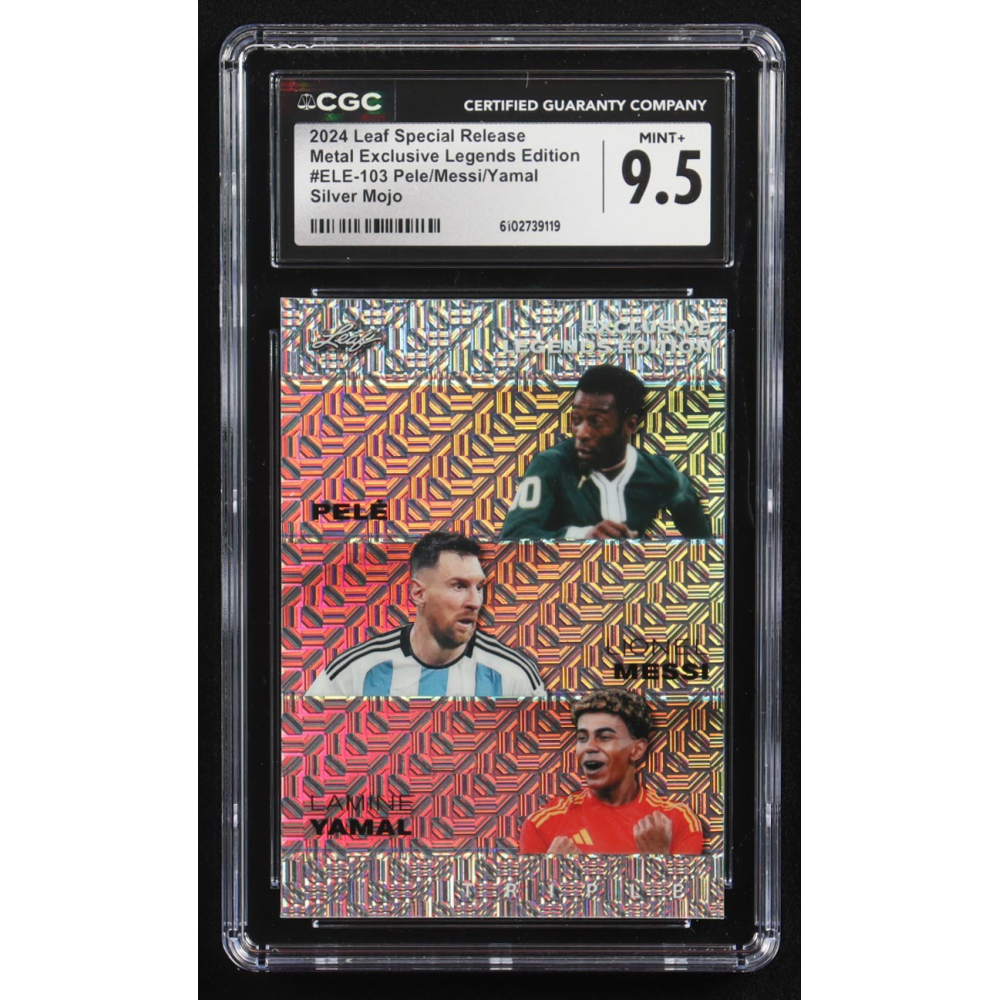 Pele / Lionel Messi / Lamine Yamal 2024 Leaf Special Release Metal Exclusive Legends Edition Silver Mojo Triple #ELE-103 #17/25 (CGC 9.5) at PristineAuction.com