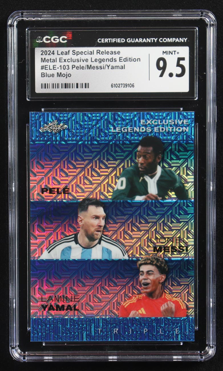 Pele / Lionel Messi / Lamine Yamal 2024 Leaf Special Release Metal Exclusive Legends Edition Blue Mojo Triple #ELE-103 #7/20 (CGC 9.5) at PristineAuction.com Pele / Lionel Messi / Lamine Yamal 2024 Leaf Special Release Metal Exclusive Legends Edition Blue Mojo Triple #ELE-103 #7/20 (CGC 9.5) at PristineAuction.com
