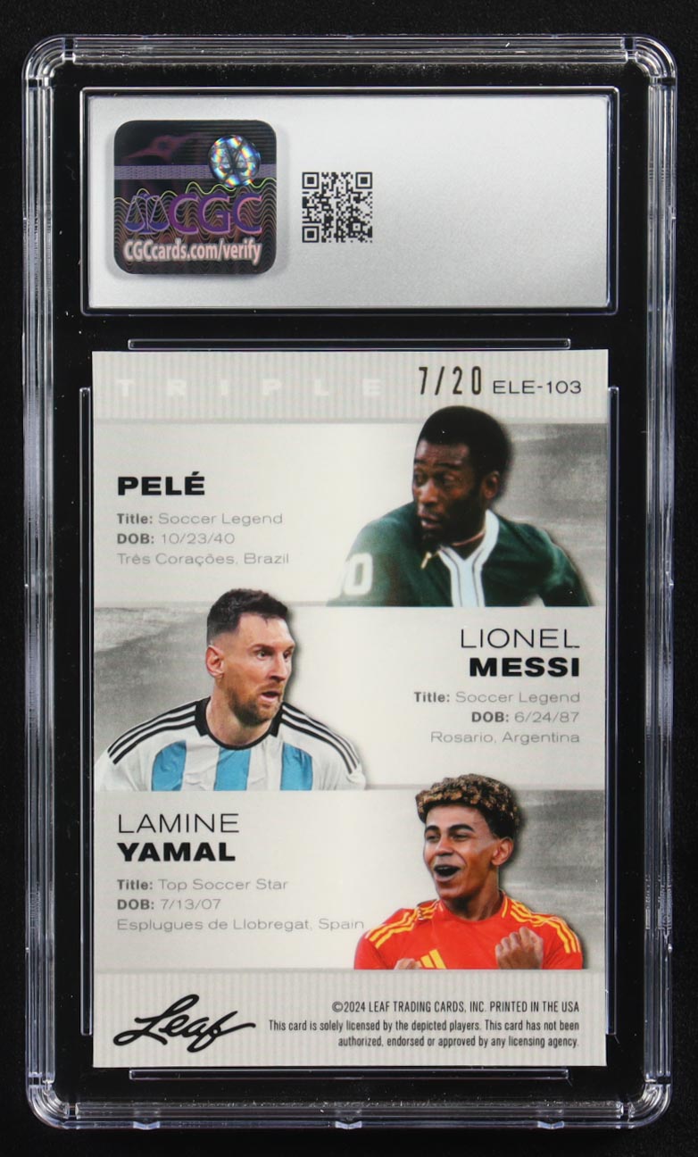 Pele / Lionel Messi / Lamine Yamal 2024 Leaf Special Release Metal Exclusive Legends Edition Blue Mojo Triple #ELE-103 #7/20 (CGC 9.5) at PristineAuction.com Pele / Lionel Messi / Lamine Yamal 2024 Leaf Special Release Metal Exclusive Legends Edition Blue Mojo Triple #ELE-103 #7/20 (CGC 9.5) at PristineAuction.com