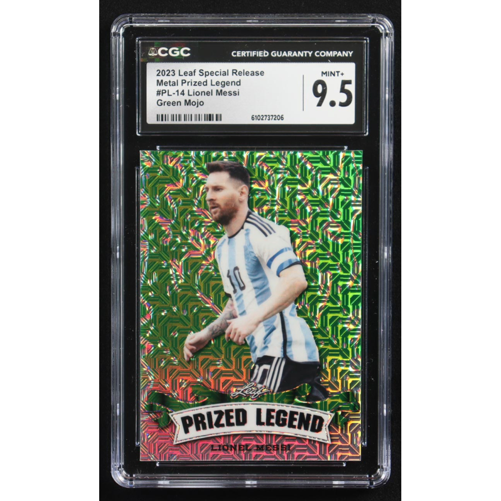 Lionel Messi 2023 Leaf Special Release Metal Prized Legend Green Mojo #PL-14 #5/5 (CGC 9.5) at PristineAuction.com