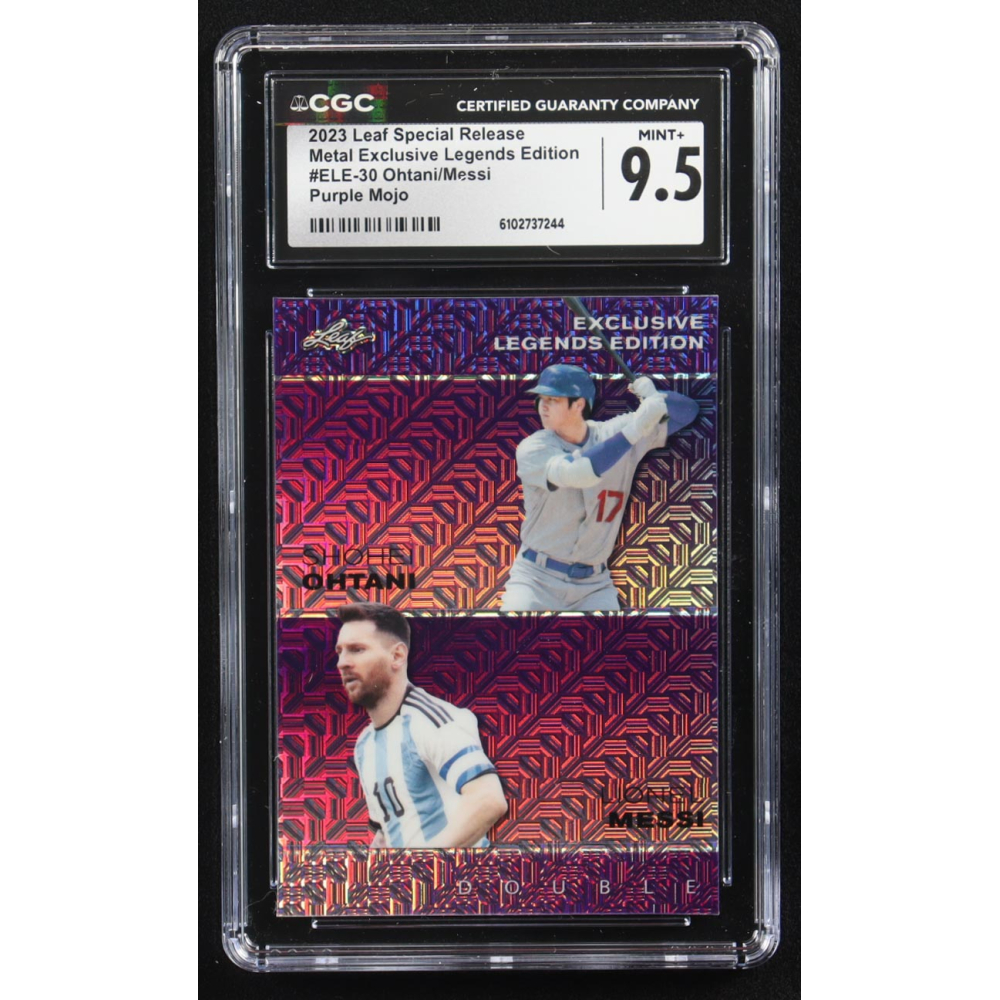 Lionel Messi / Shohei Ohtani 2023 Leaf Special Release Metal Exclusive Legends Edition Purple Mojo Double #ELE-30 #11/15 (CGC 9.5) at PristineAuction.com