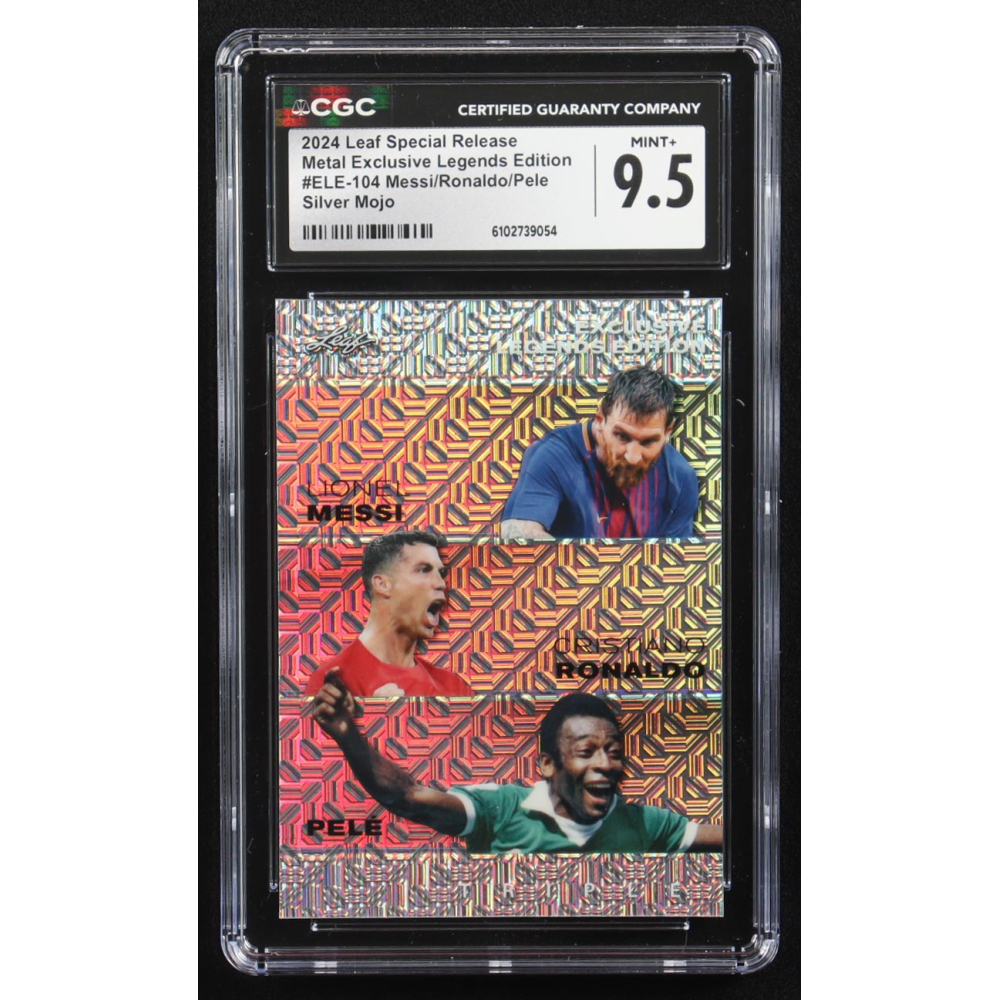 Pele / Lionel Messi / Cristiano Ronaldo 2024 Leaf Special Release Metal Exclusive Legends Edition Silver Mojo Triple #ELE-104 #9/25 (CGC 9.5) at PristineAuction.com