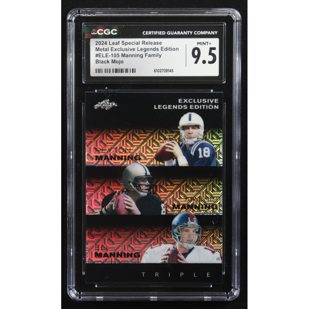 Archie Manning / Peyton Manning / Eli Manning 2024 Leaf Metal Special Release Exclusive Legends Ed. Manning Family Black Mojo Triple #ELE-105 #1/7 (CGC 9.5) at PristineAuction.com
