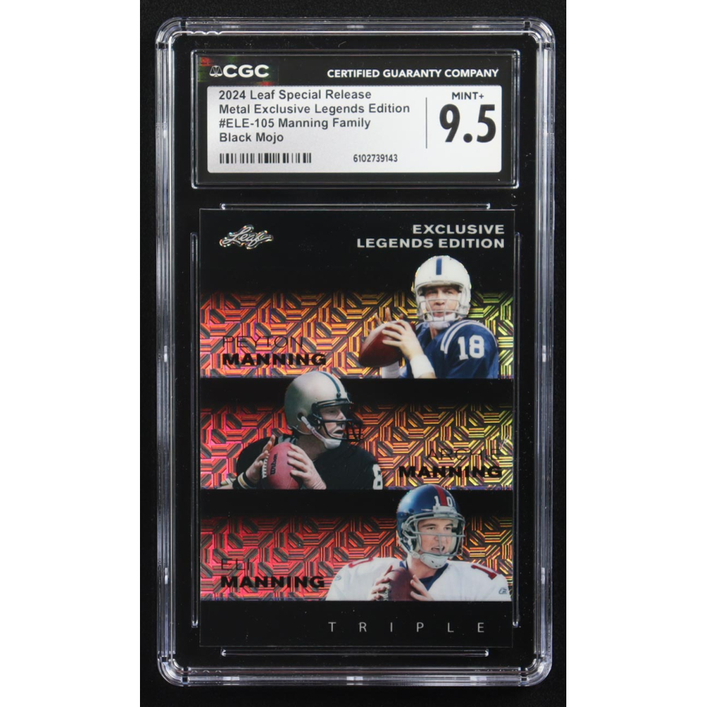 Archie Manning / Peyton Manning / Eli Manning 2024 Leaf Metal Special Release Exclusive Legends Ed. Manning Family Black Mojo Triple #ELE-105 #4/7 (CGC 9.5) at PristineAuction.com