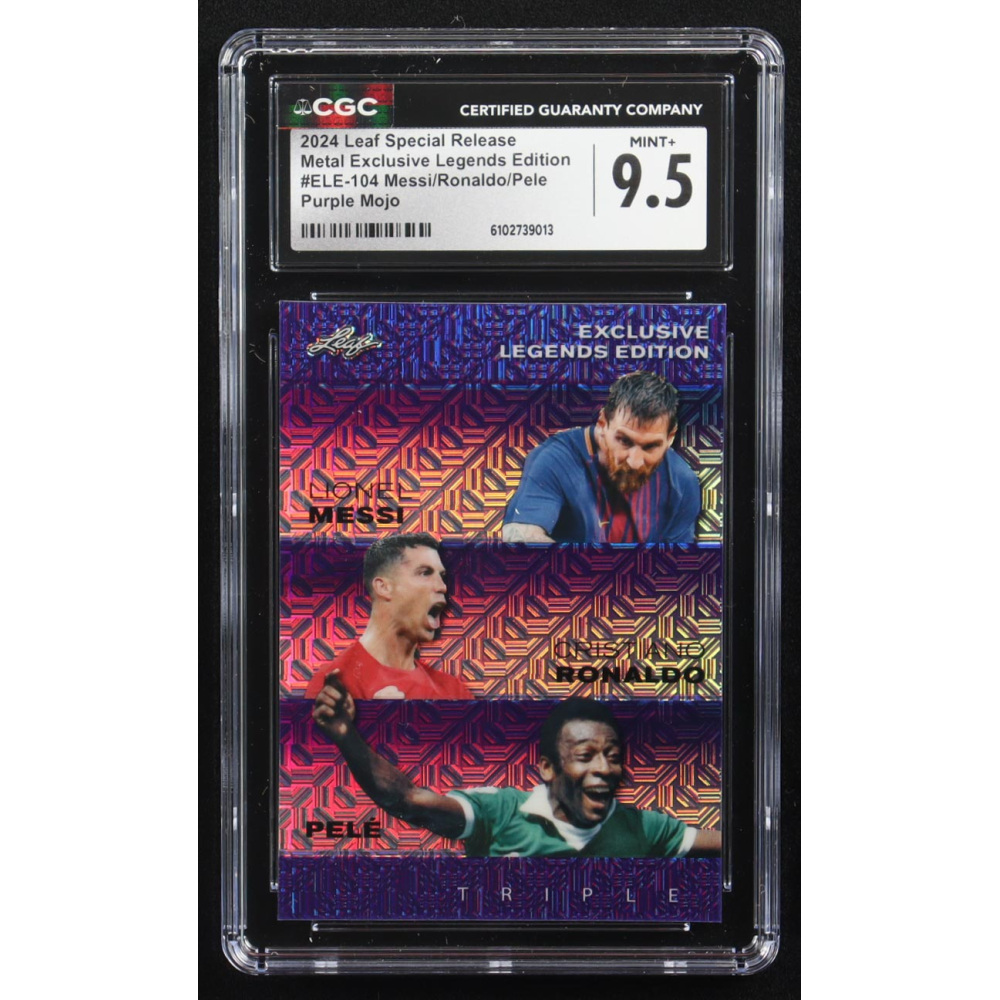 Pele / Lionel Messi / Cristiano Ronaldo 2024 Leaf Special Release Metal Exclusive Legends Edition Purple Mojo #ELE-104 #15/15 (CGC 9.5) at PristineAuction.com