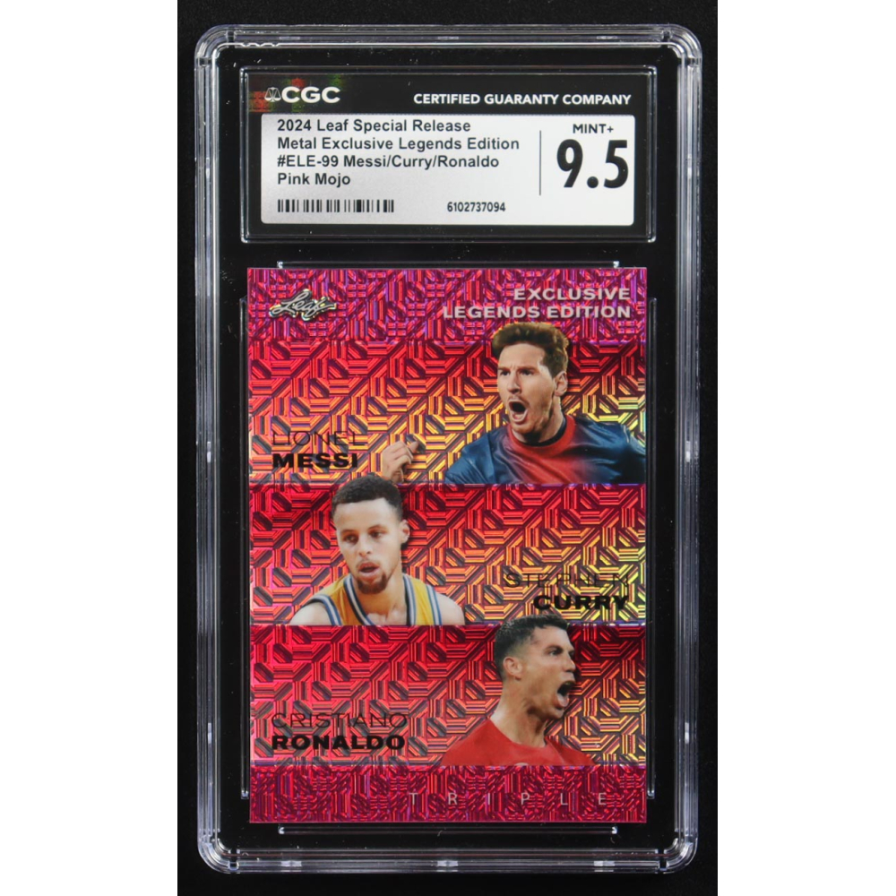 Stephen Curry / Lionel Messi / Cristiano Ronaldo 2024 Leaf Special Release Metal Exclusive Legends Edition Pink Mojo Triple #ELE-99 #7/10 (CGC 9.5) at PristineAuction.com