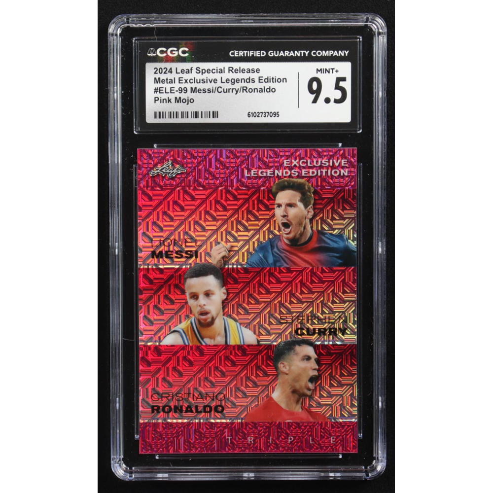 Stephen Curry / Lionel Messi / Cristiano Ronaldo 2024 Leaf Special Release Metal Exclusive Legends Edition Pink Mojo Triple #ELE-99 #6/10 (CGC 9.5) at PristineAuction.com