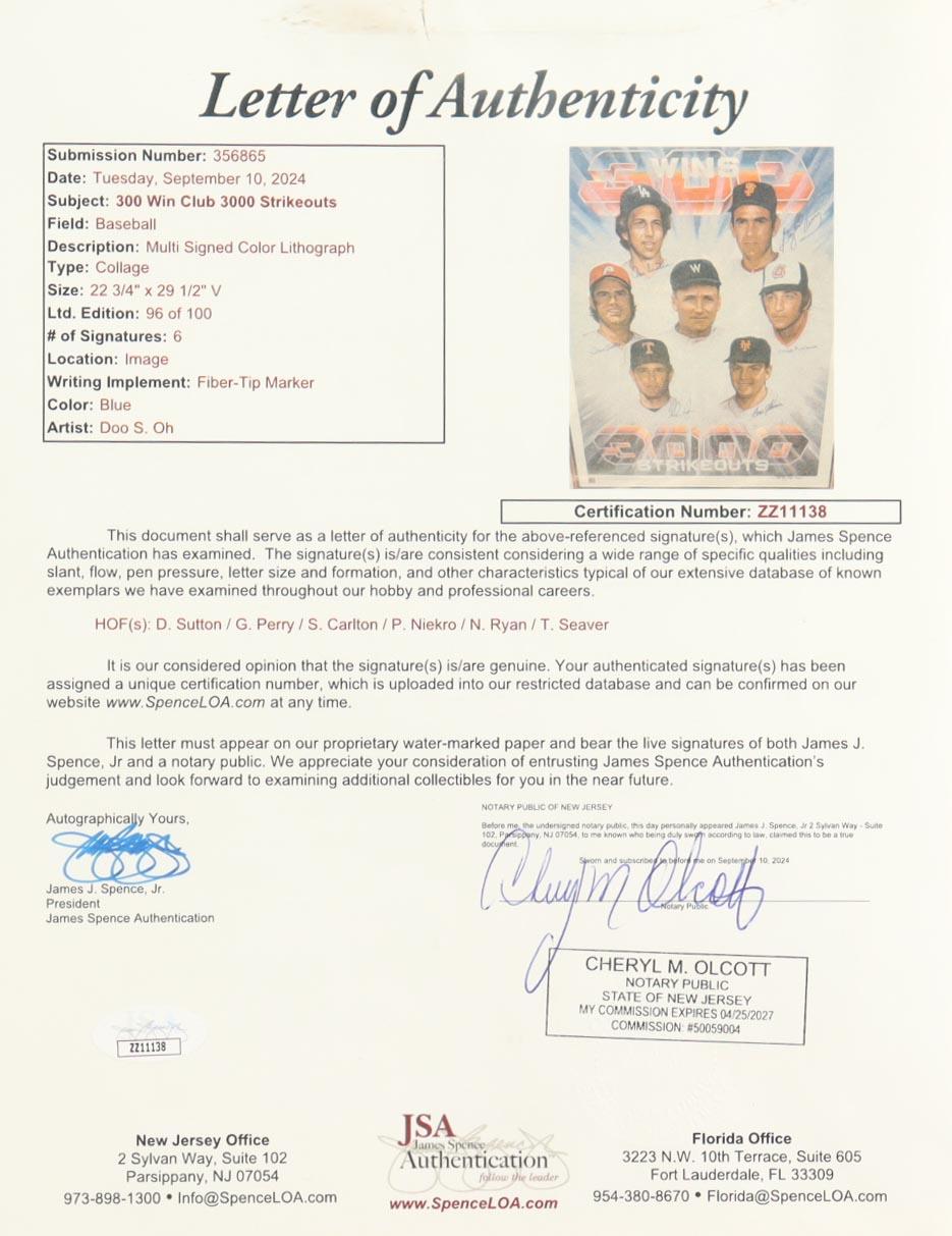 300 Wins/3000 Strikeouts Club | Custom Framed Art Print Signed by (6) with Don Sutton, Gaylord Perry, Steve Carlton (JSA) at PristineAuction.com 300 Wins/3000 Strikeouts Club | Custom Framed Art Print Signed by (6) with Don Sutton, Gaylord Perry, Steve Carlton (JSA) at PristineAuction.com