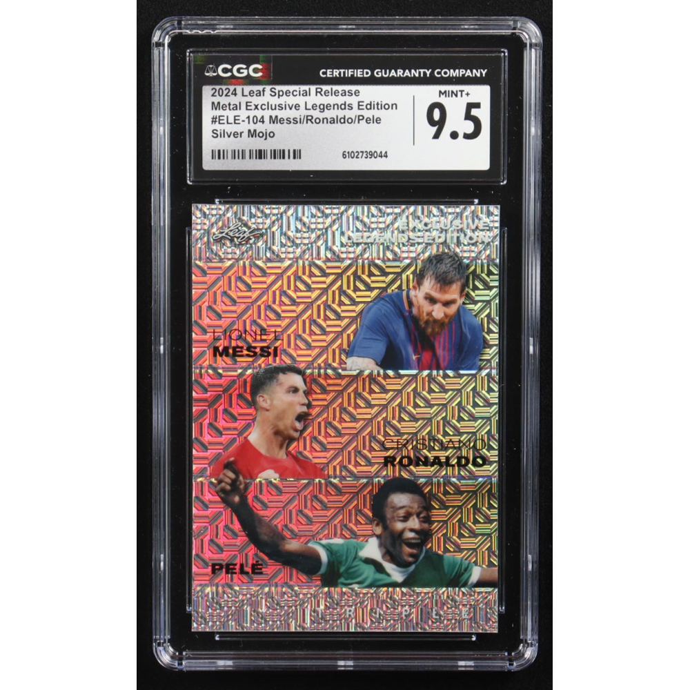 Pele / Lionel Messi / Cristiano Ronaldo 2024 Leaf Special Release Metal Exclusive Legends Edition Silver Mojo Triple #ELE-104 #22/25 (CGC 9.5) at PristineAuction.com