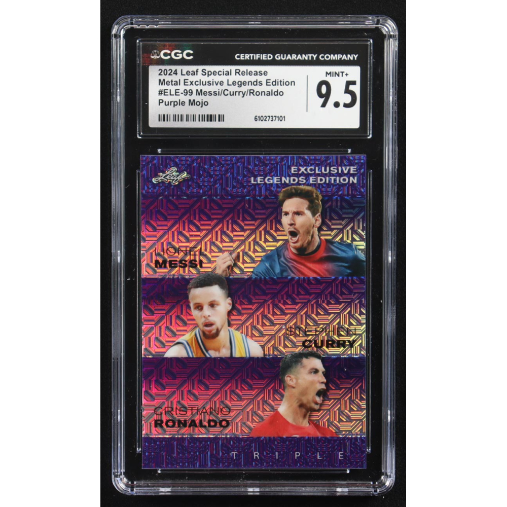 Stephen Curry / Lionel Messi / Cristiano Ronaldo 2024 Leaf Special Release Metal Exclusive Legends Edition Purple Mojo Triple #ELE-99 #15/15 (CGC 9.5) at PristineAuction.com