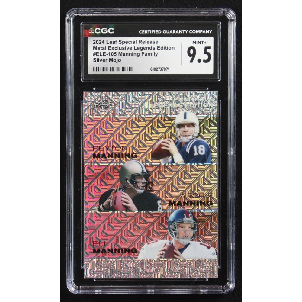 Archie Manning / Peyton Manning / Eli Manning 2024 Leaf Metal Special Release Exclusive Legends Ed. Manning Family Silver Mojo Triple #ELE-105 #18/25 (CGC 9.5) at PristineAuction.com