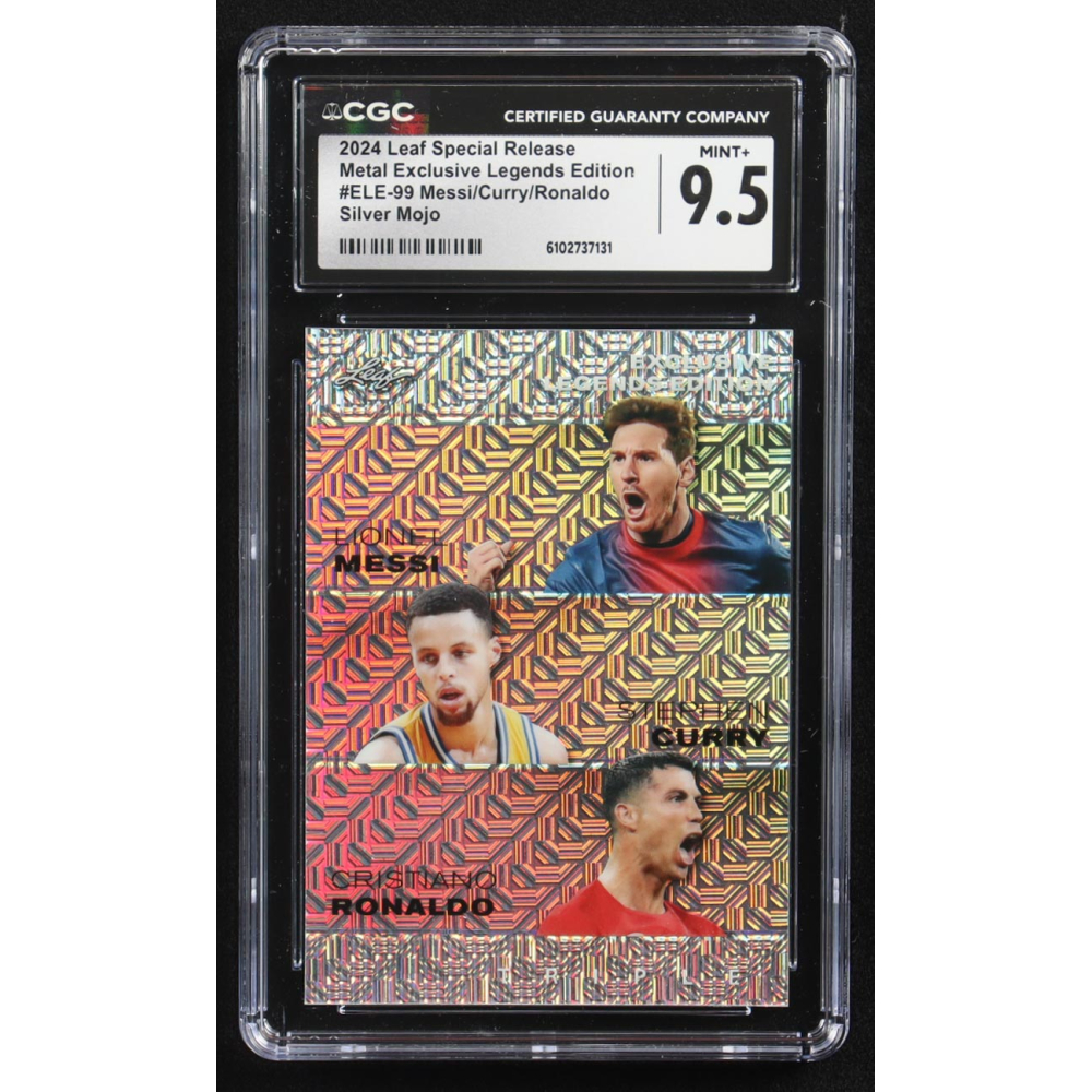 Stephen Curry / Lionel Messi / Cristiano Ronaldo 2024 Leaf Special Release Metal Exclusive Legends Edition Silver Mojo Triple #ELE-99 #13/25 (CGC 9.5) at PristineAuction.com