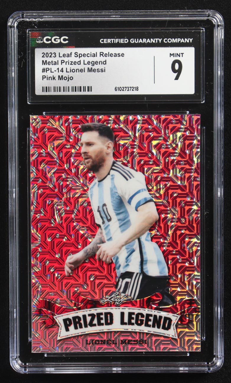 Lionel Messi 2023 Leaf Special Release Metal Prized Legend Pink Mojo #PL-14 #7/10 (CGC 9) at PristineAuction.com Lionel Messi 2023 Leaf Special Release Metal Prized Legend Pink Mojo #PL-14 #7/10 (CGC 9) at PristineAuction.com