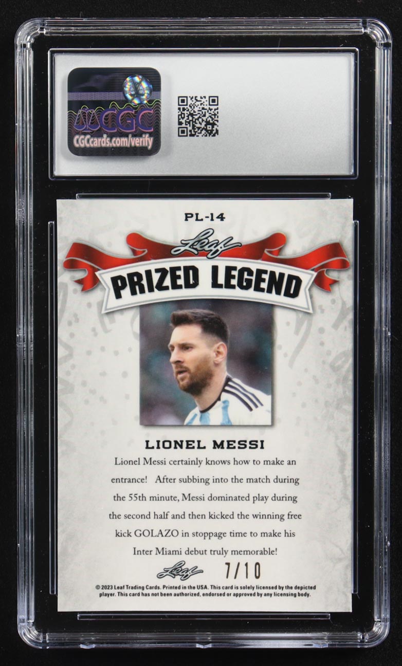 Lionel Messi 2023 Leaf Special Release Metal Prized Legend Pink Mojo #PL-14 #7/10 (CGC 9) at PristineAuction.com Lionel Messi 2023 Leaf Special Release Metal Prized Legend Pink Mojo #PL-14 #7/10 (CGC 9) at PristineAuction.com