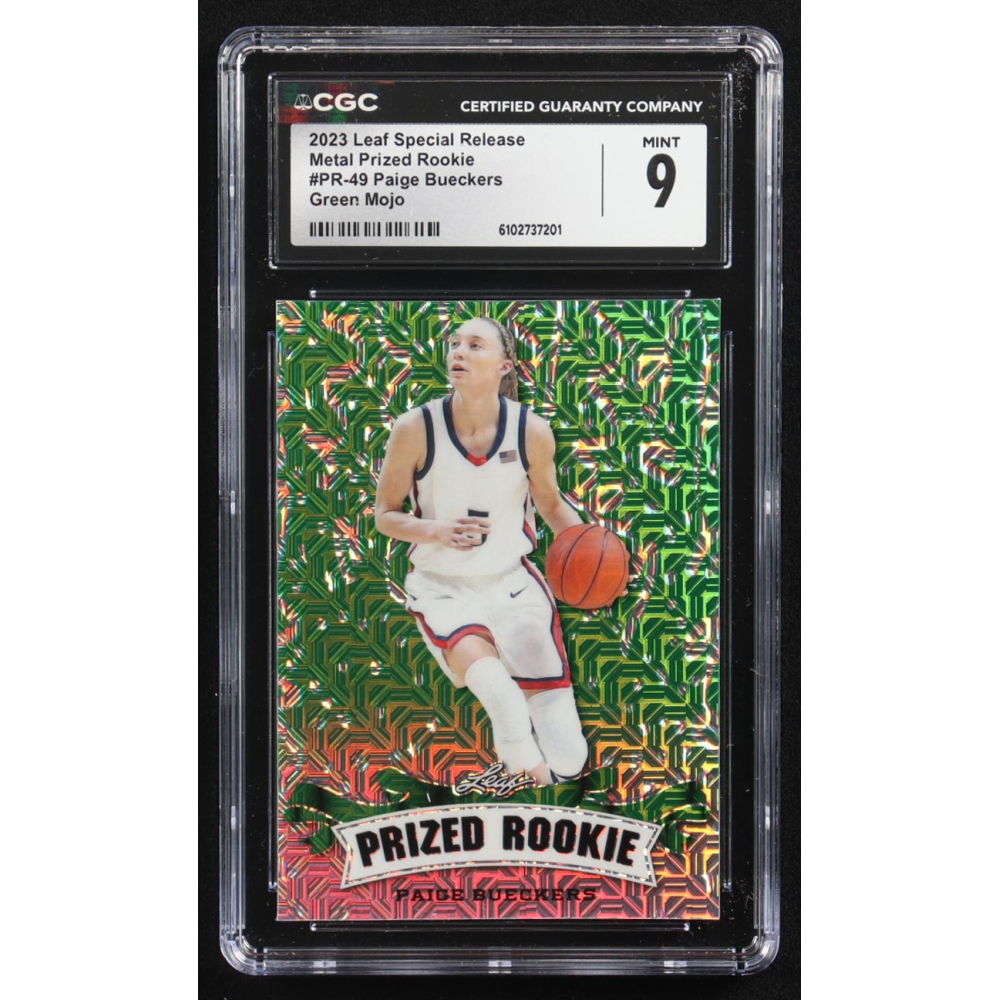 Paige Bueckers 2023 Leaf Special Release Metal Prized Rookie Green Mojo #PR-49 RC #1/5 (CGC 9) at PristineAuction.com