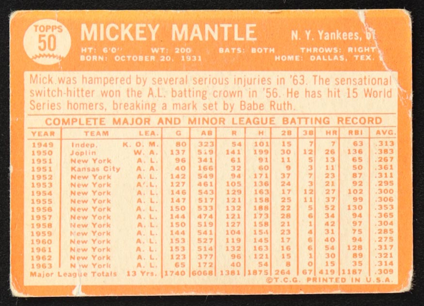 Mickey Mantle 1964 Topps #50 at PristineAuction.com Mickey Mantle 1964 Topps #50 at PristineAuction.com