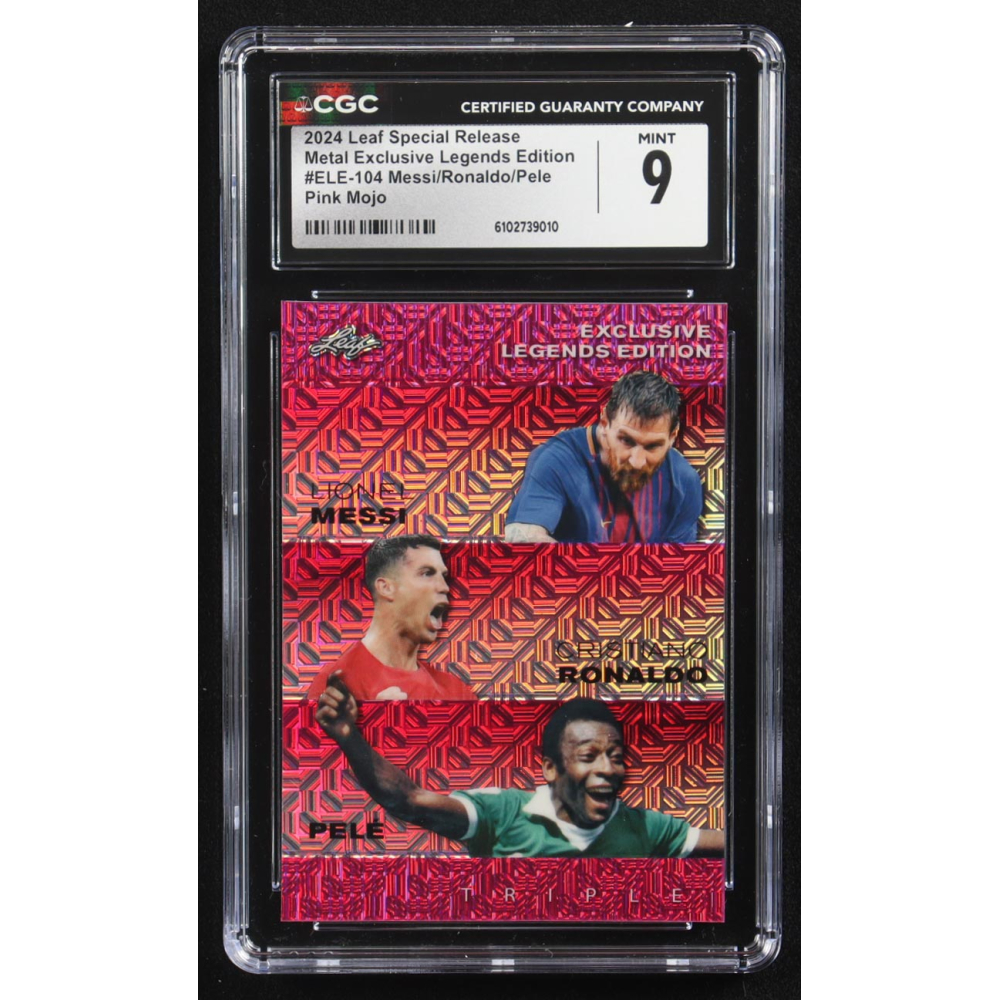 Pele / Lionel Messi / Cristiano Ronaldo 2024 Leaf Special Release Metal Exclusive Legends Edition Pink Mojo Triple #ELE-104 #3/10 (CGC 9) at PristineAuction.com