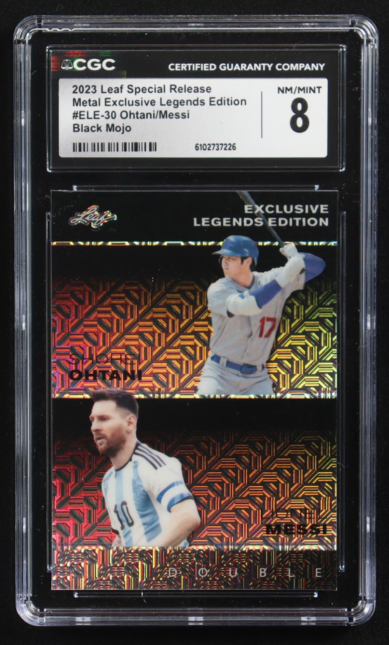 Lionel Messi / Shohei Ohtani 2023 Leaf Special Release Metal Exclusive Legends Edition Black Mojo Double #ELE-30 #7/7 (CGC 8) at PristineAuction.com Lionel Messi / Shohei Ohtani 2023 Leaf Special Release Metal Exclusive Legends Edition Black Mojo Double #ELE-30 #7/7 (CGC 8) at PristineAuction.com