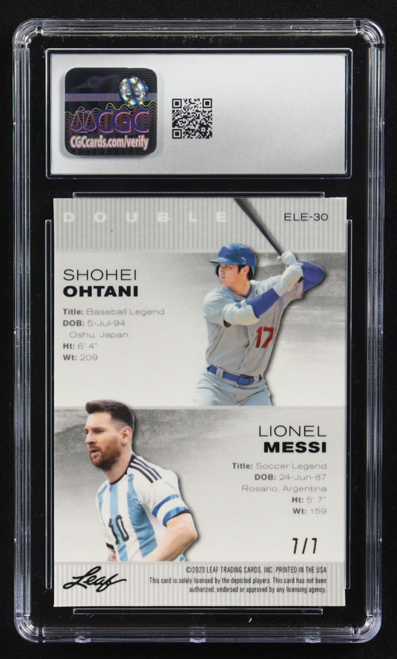 Lionel Messi / Shohei Ohtani 2023 Leaf Special Release Metal Exclusive Legends Edition Black Mojo Double #ELE-30 #7/7 (CGC 8) at PristineAuction.com Lionel Messi / Shohei Ohtani 2023 Leaf Special Release Metal Exclusive Legends Edition Black Mojo Double #ELE-30 #7/7 (CGC 8) at PristineAuction.com