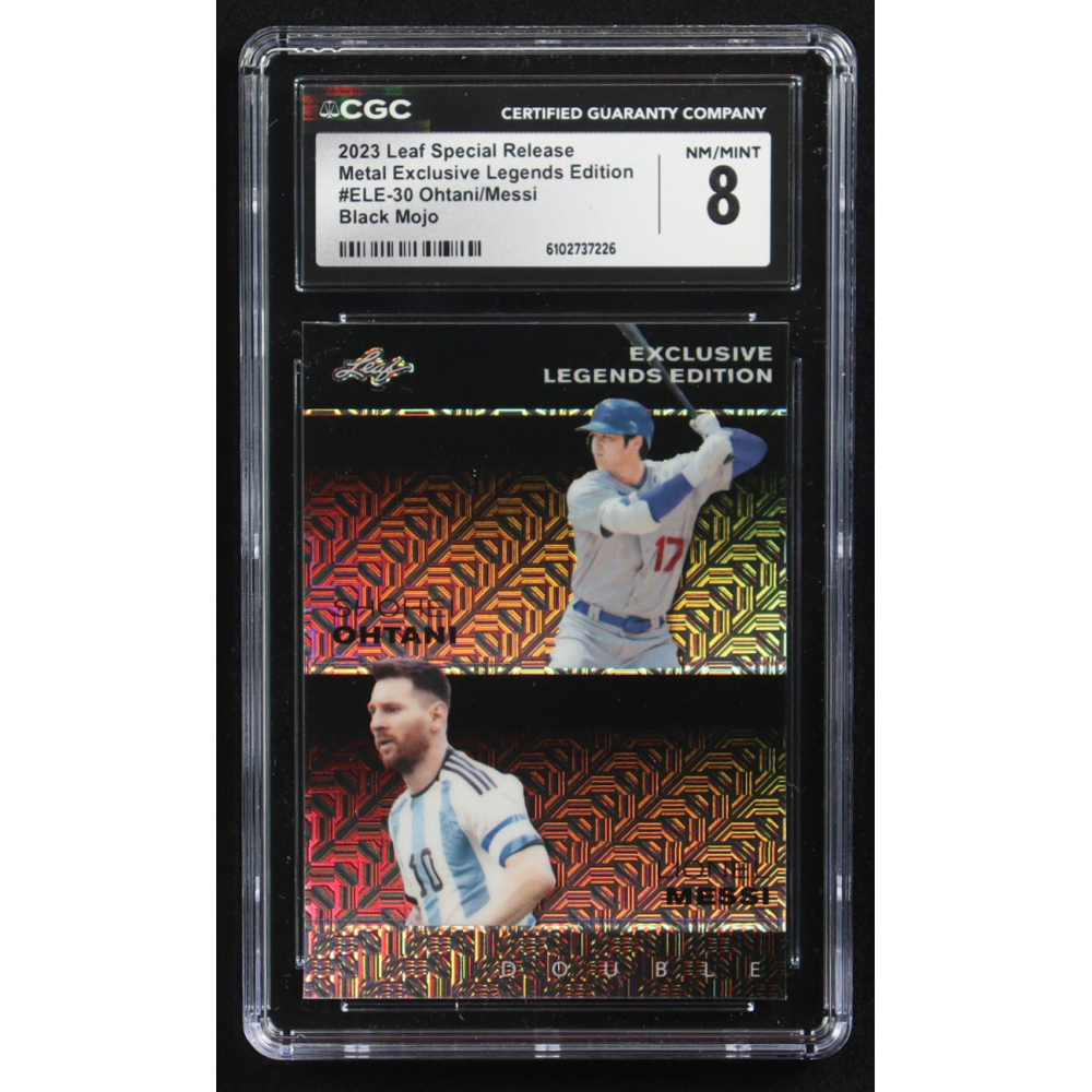 Lionel Messi / Shohei Ohtani 2023 Leaf Special Release Metal Exclusive Legends Edition Black Mojo Double #ELE-30 #7/7 (CGC 8) at PristineAuction.com