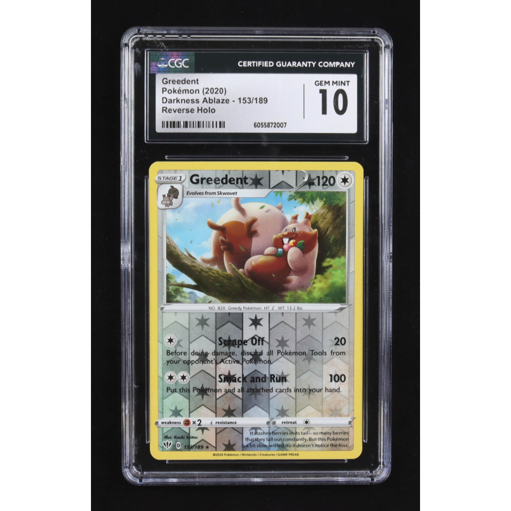 Greedent 2020 Pokemon Sword and Shield Darkness Ablaze Reverse Foil #153 (CGC 10) at PristineAuction.com