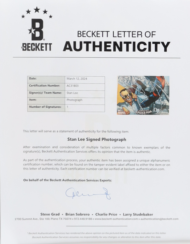 Stan Lee Signed "Spider-Man" Custom Framed Art Display (Beckett) at PristineAuction.com Stan Lee Signed "Spider-Man" Custom Framed Art Display (Beckett) at PristineAuction.com