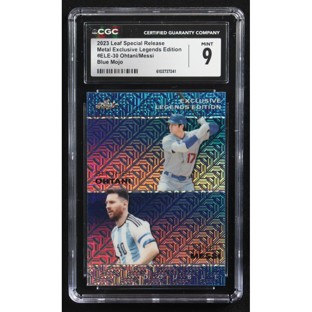 Lionel Messi / Shohei Ohtani 2023 Leaf Special Release Metal Exclusive Legends Edition Blue Mojo Double #ELE-30 #4/20 (CGC 9) at PristineAuction.com