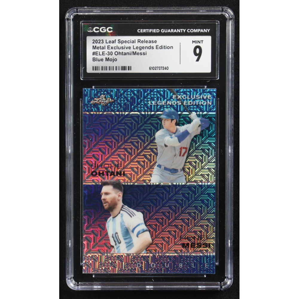 Lionel Messi / Shohei Ohtani 2023 Leaf Special Release Metal Exclusive Legends Edition Blue Mojo Double #ELE-30 #5/20 (CGC 9) at PristineAuction.com