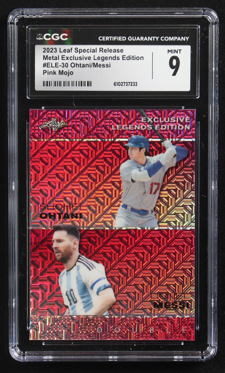 Lionel Messi / Shohei Ohtani 2023 Leaf Special Release Metal Exclusive Legends Edition Pink Mojo Double #ELE-30 #6/10 (CGC 9) at PristineAuction.com Lionel Messi / Shohei Ohtani 2023 Leaf Special Release Metal Exclusive Legends Edition Pink Mojo Double #ELE-30 #6/10 (CGC 9) at PristineAuction.com