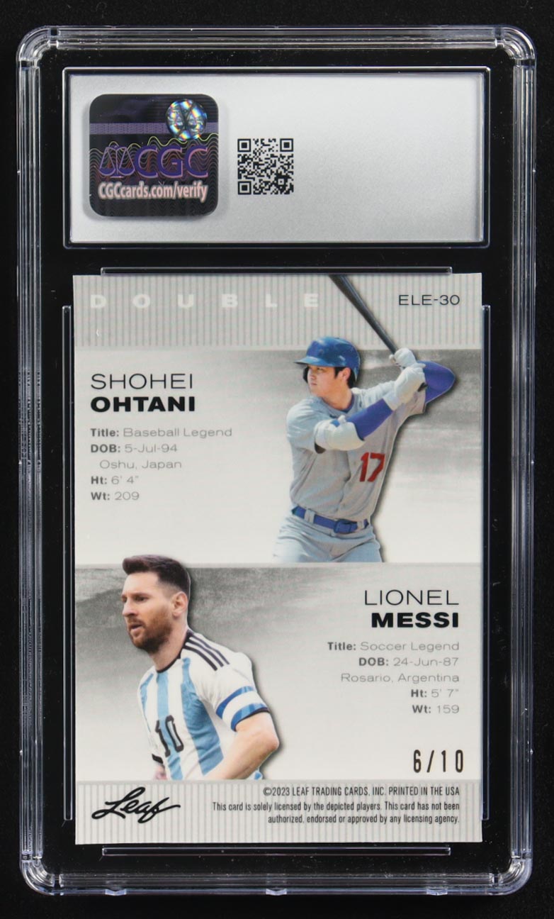 Lionel Messi / Shohei Ohtani 2023 Leaf Special Release Metal Exclusive Legends Edition Pink Mojo Double #ELE-30 #6/10 (CGC 9) at PristineAuction.com Lionel Messi / Shohei Ohtani 2023 Leaf Special Release Metal Exclusive Legends Edition Pink Mojo Double #ELE-30 #6/10 (CGC 9) at PristineAuction.com