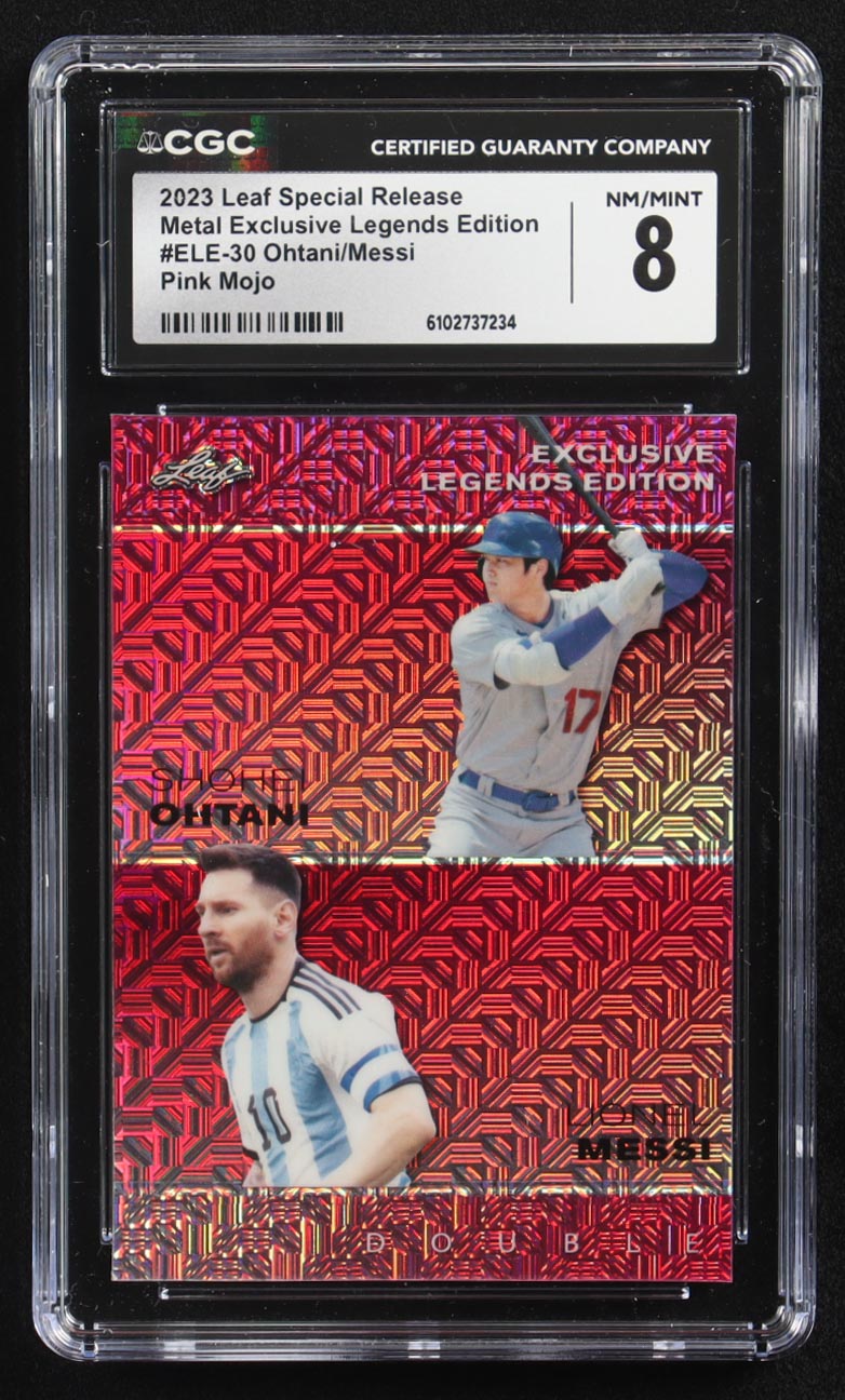 Lionel Messi / Shohei Ohtani 2023 Leaf Special Release Metal Exclusive Legends Edition Pink Mojo Double #ELE-30 #4/10 (CGC 8) at PristineAuction.com Lionel Messi / Shohei Ohtani 2023 Leaf Special Release Metal Exclusive Legends Edition Pink Mojo Double #ELE-30 #4/10 (CGC 8) at PristineAuction.com