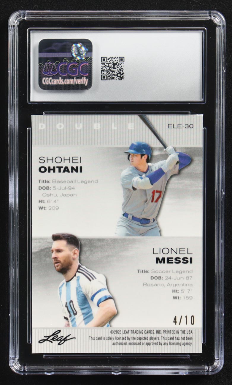 Lionel Messi / Shohei Ohtani 2023 Leaf Special Release Metal Exclusive Legends Edition Pink Mojo Double #ELE-30 #4/10 (CGC 8) at PristineAuction.com Lionel Messi / Shohei Ohtani 2023 Leaf Special Release Metal Exclusive Legends Edition Pink Mojo Double #ELE-30 #4/10 (CGC 8) at PristineAuction.com