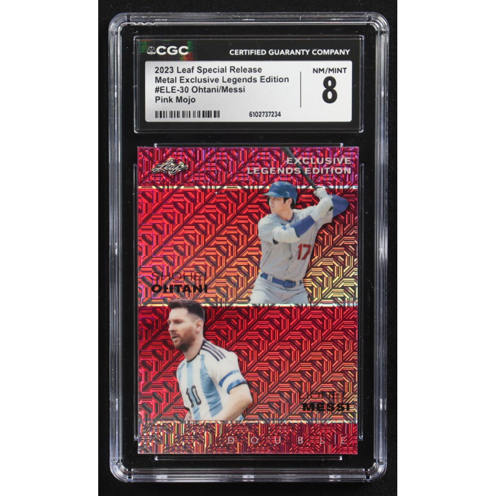 Lionel Messi / Shohei Ohtani 2023 Leaf Special Release Metal Exclusive Legends Edition Pink Mojo Double #ELE-30 #4/10 (CGC 8) at PristineAuction.com