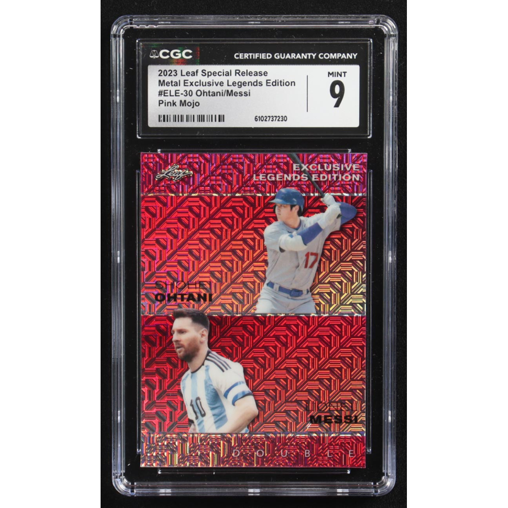 Lionel Messi / Shohei Ohtani 2023 Leaf Special Release Metal Exclusive Legends Edition Pink Mojo Double #ELE-30 #9/10 (CGC 9) at PristineAuction.com