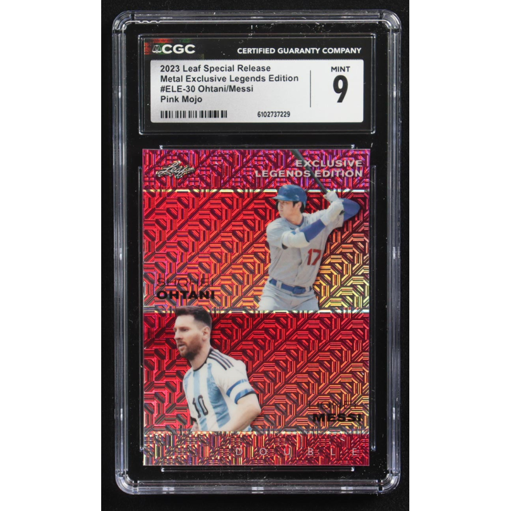 Lionel Messi / Shohei Ohtani 2023 Leaf Special Release Metal Exclusive Legends Edition Pink Mojo Double #ELE-30 #10/10 (CGC 9) at PristineAuction.com