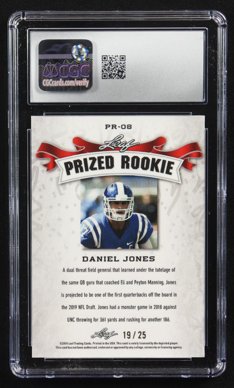 Daniel Jones 2019 Leaf Special Release Metal Prized Rookies Prismatic Silver #PR-08 RC #19/25 (CGC 10) at PristineAuction.com Daniel Jones 2019 Leaf Special Release Metal Prized Rookies Prismatic Silver #PR-08 RC #19/25 (CGC 10) at PristineAuction.com