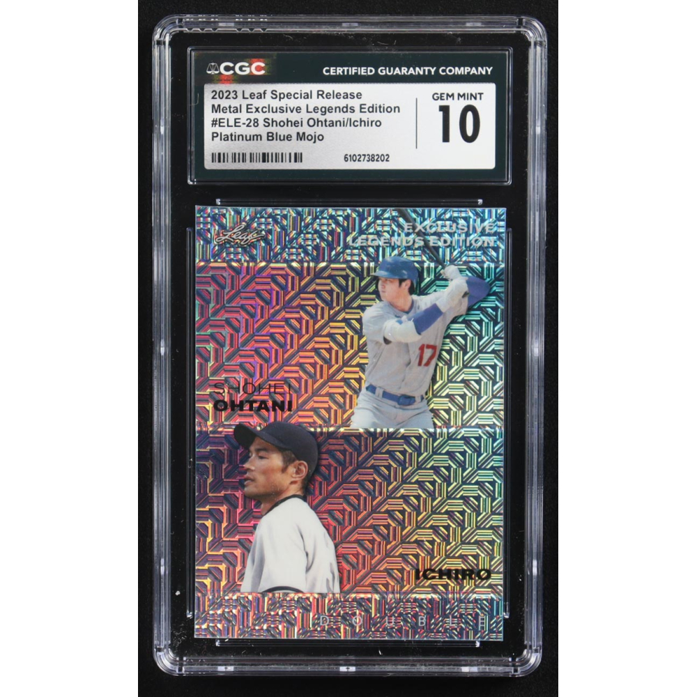 Shohei Ohtani / Ichiro Suzuki 2023 Leaf Metal Special Release Exclusive Legends Ed. Platinum Blue Mojo Double #ELE-28 #1/1 (CGC 10) at PristineAuction.com