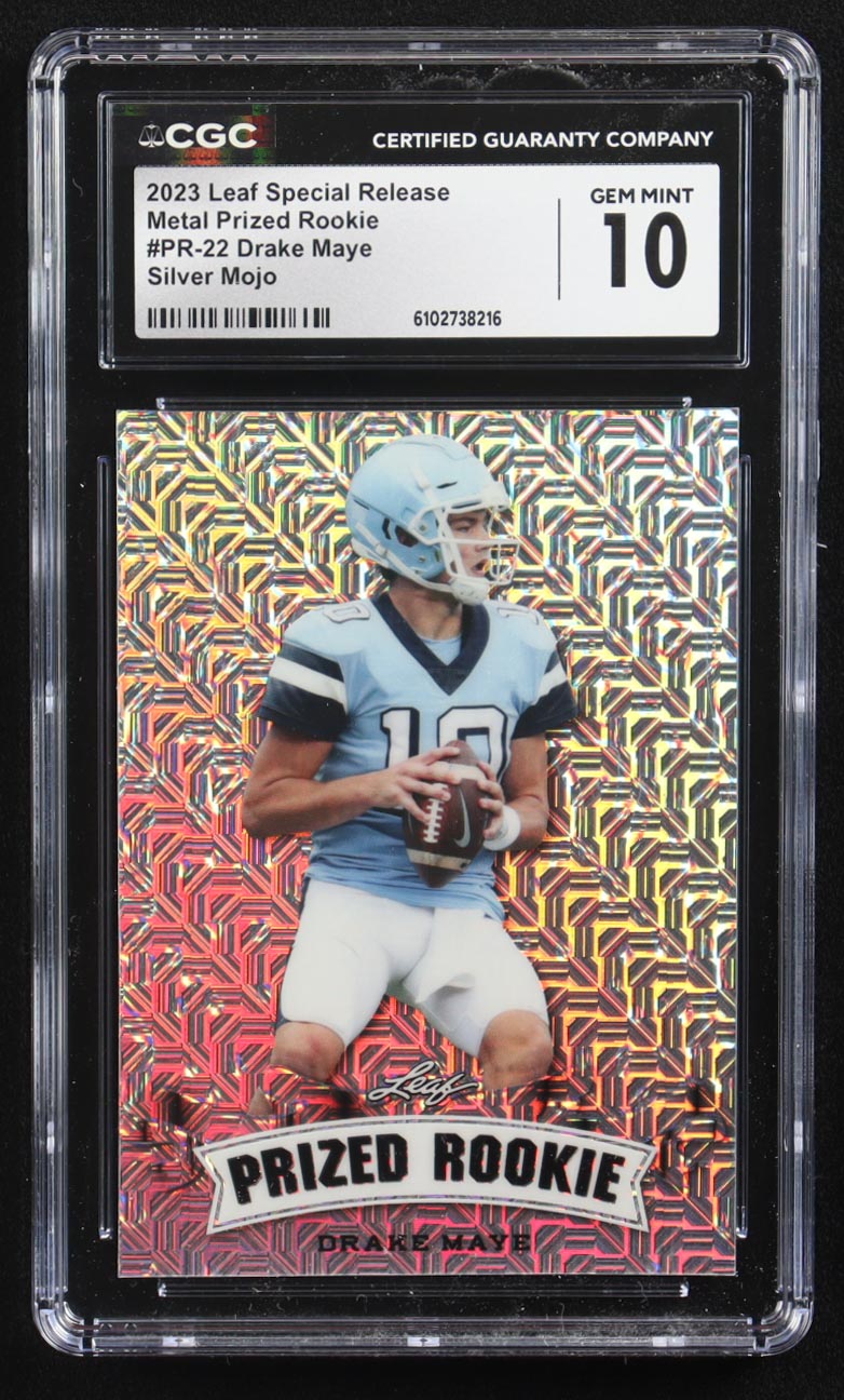 Drake Maye 2023 Leaf Special Release Metal Prized Rookie Silver Mojo #PR-22 RC #21/25 (CGC 10) at PristineAuction.com Drake Maye 2023 Leaf Special Release Metal Prized Rookie Silver Mojo #PR-22 RC #21/25 (CGC 10) at PristineAuction.com
