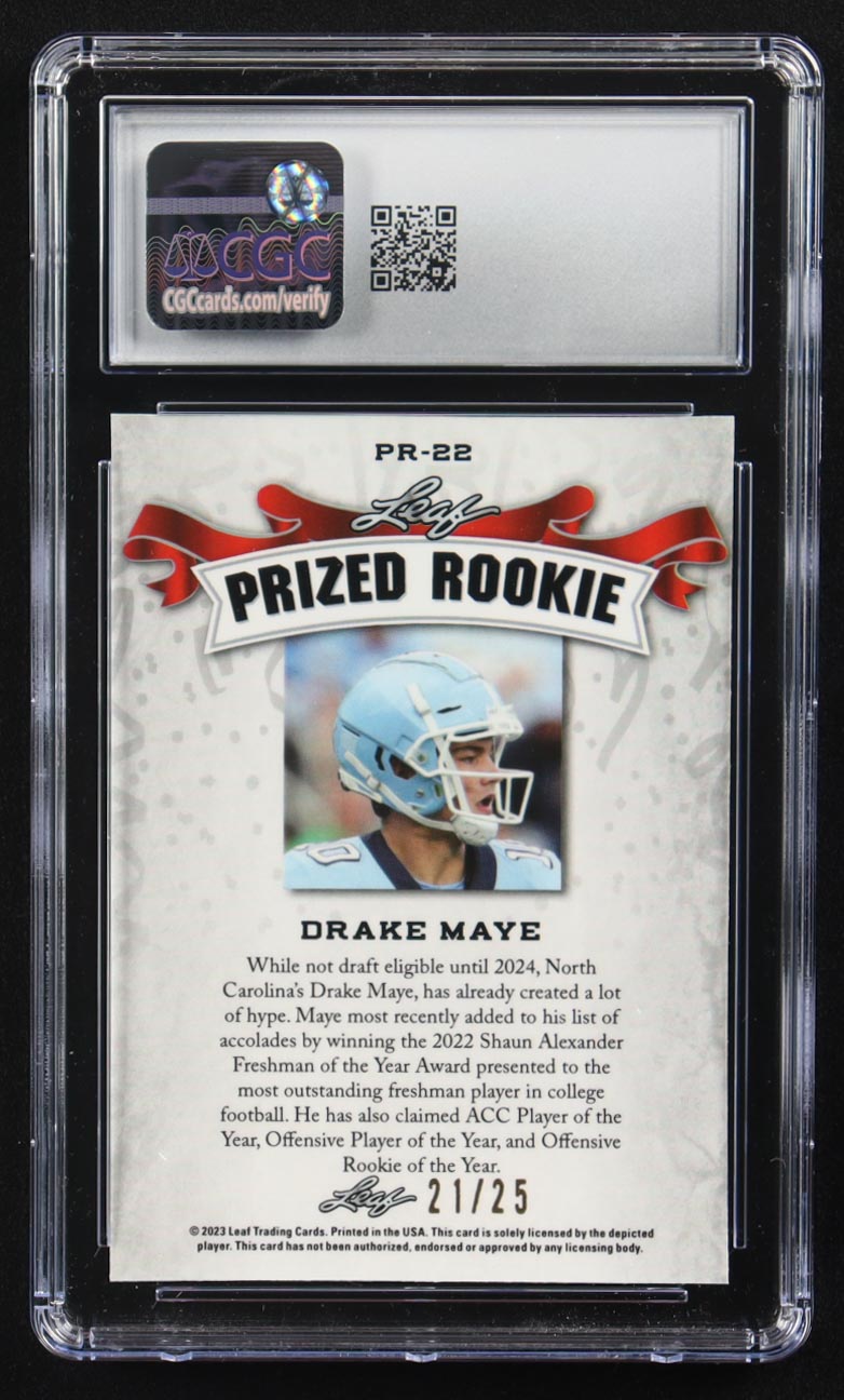 Drake Maye 2023 Leaf Special Release Metal Prized Rookie Silver Mojo #PR-22 RC #21/25 (CGC 10) at PristineAuction.com Drake Maye 2023 Leaf Special Release Metal Prized Rookie Silver Mojo #PR-22 RC #21/25 (CGC 10) at PristineAuction.com