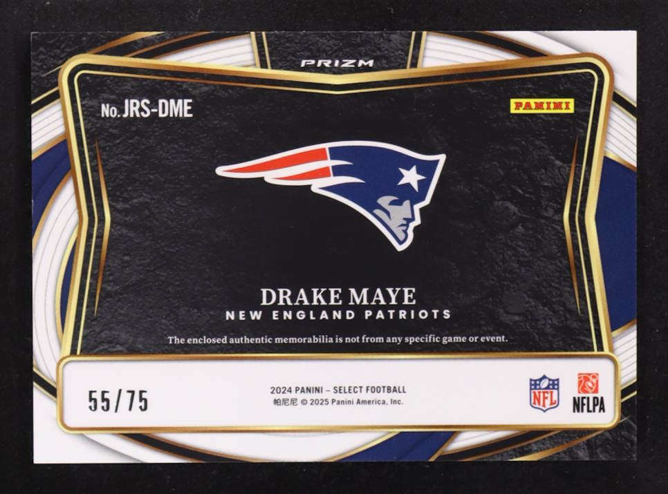 Drake Maye 2024 Select Rookie Memorabilia Prizm White #JRS-DME RC #55/75 at PristineAuction.com Drake Maye 2024 Select Rookie Memorabilia Prizm White #JRS-DME RC #55/75 at PristineAuction.com
