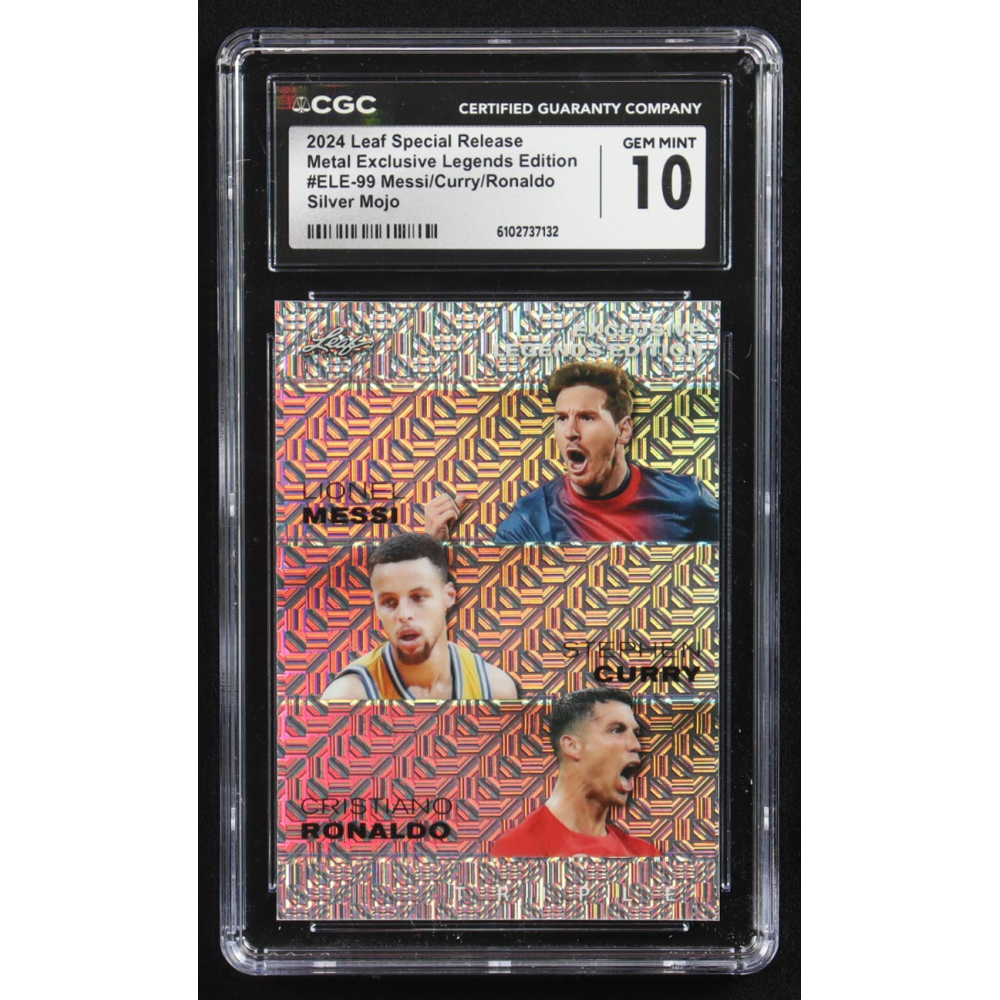Stephen Curry / Lionel Messi / Cristiano Ronaldo 2024 Leaf Special Release Metal Exclusive Legends Edition Silver Mojo Triple #ELE-99 #12/25 (CGC 10) at PristineAuction.com